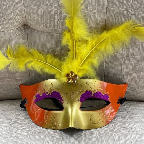 Eye Mask Yellow Faux Feather Mask Masquerade Light Up Mask Women Mask - Picture 1 of 10